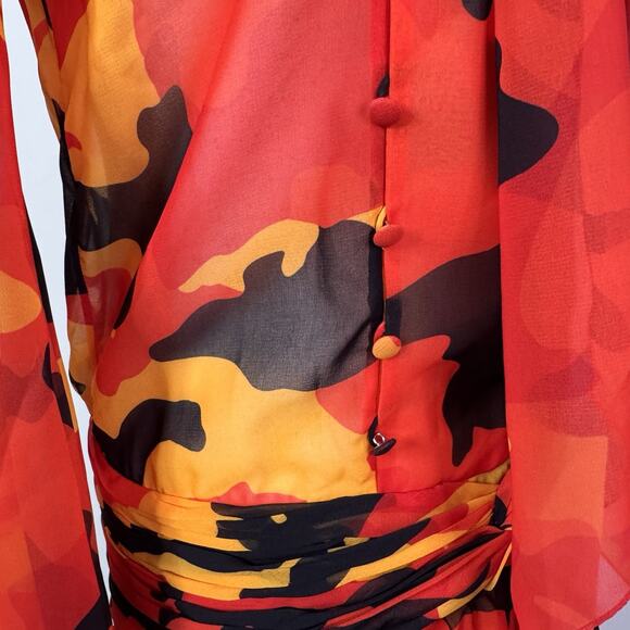 Dsquared2 Camouflage Print Bow Neck Sheer Dress Red Orange Size 38 US 2 - Picture 9 of 12